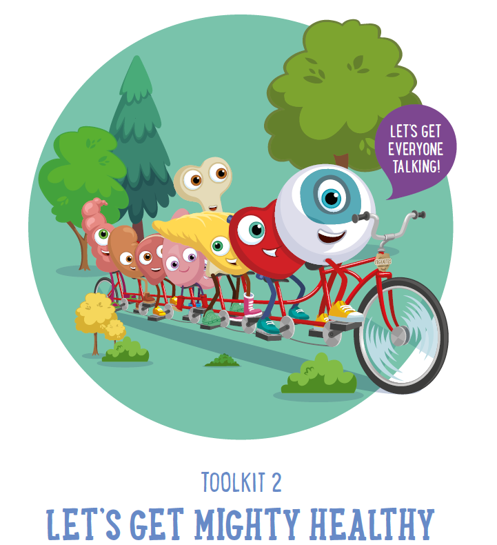 cover image of Orgamites characters riding a bicycle to stay healthy