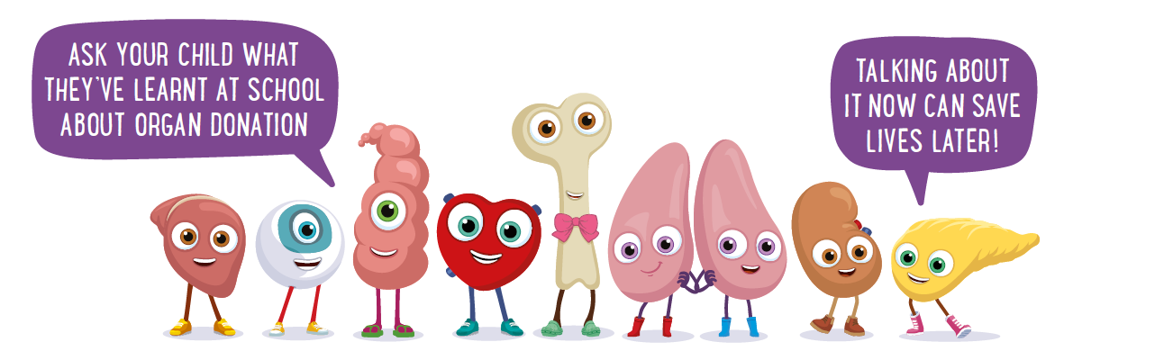 orgamites characters in a lineup talking about organ donation