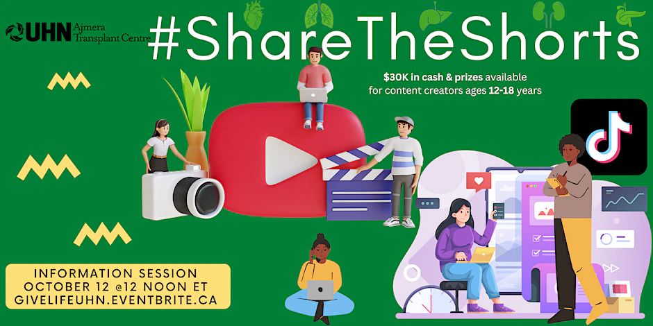 Graphic banner advertising the Share The Shorts competition featuring cartoon youth surrounded by icons representing social media and video creation