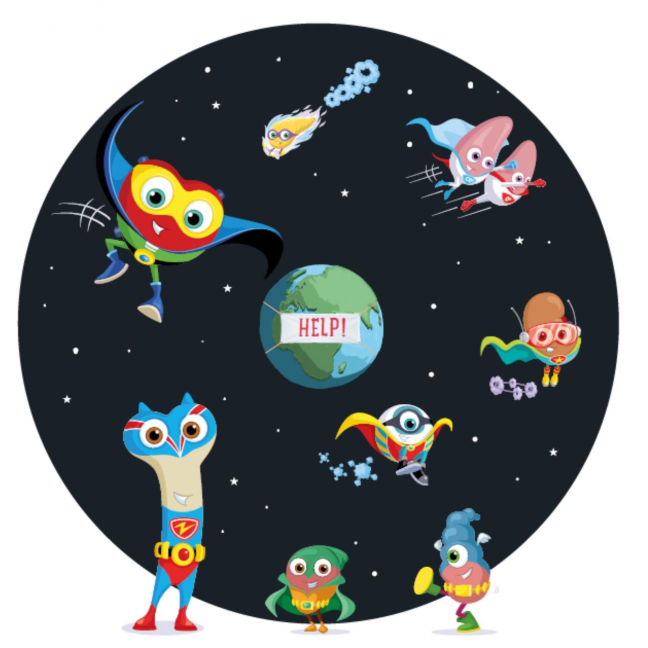 a group image of the orgamites characters in space