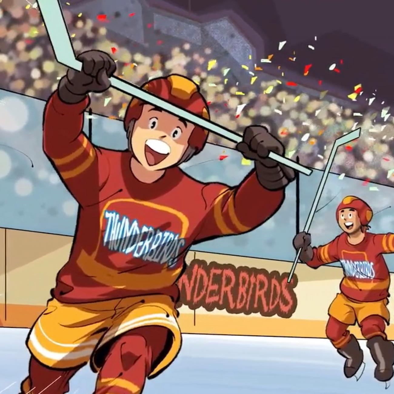A young hockey player celebrates on the ice in a still from the documentary short Sacred Gift