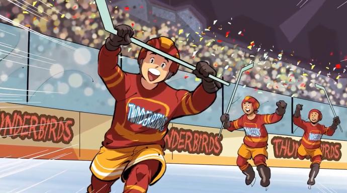 A young hockey player celebrates on the ice in a still from the documentary short Sacred Gift